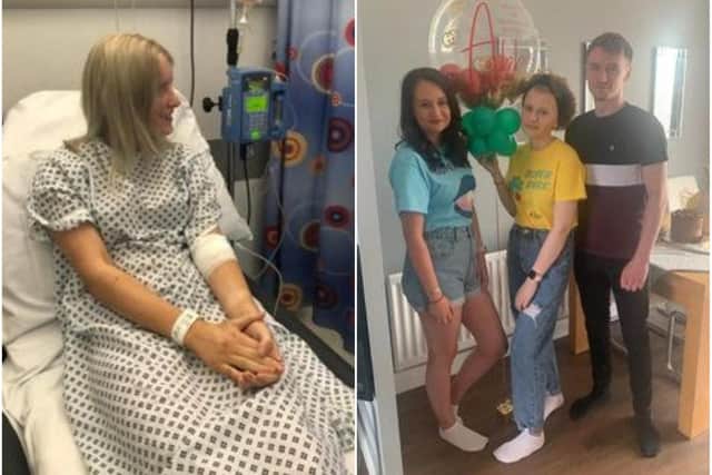 Abbie in hospital, left, and with her siblings Kate and Sam, right.