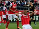 Reims' forward Hugo Ekitike celebrates after scoring a goal against OGC Nice (Photo by FRANCOIS NASCIMBENI/AFP via Getty Images)