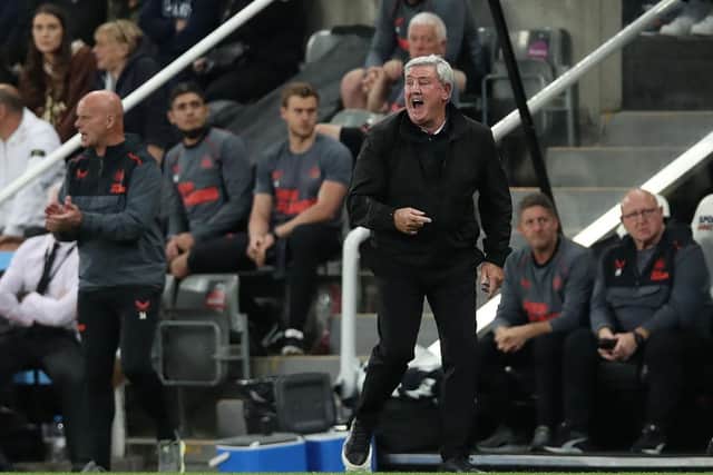 Newcastle United manager Steve Bruce reacts during the Premier League match between Newcastle United and Leeds United at St. James Park on September 17, 2021 in Newcastle upon Tyne, England. (Photo by Ian MacNicol/Getty Images)