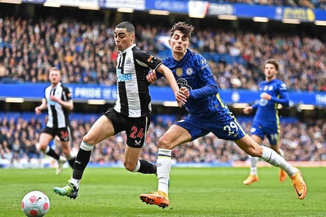 Miguel Almiron of Newcastle United holds off Kai Havertz of Chelsea during the Premier League match between Chelsea and Newcastle United at Stamford Bridge on March 13, 2022 in London, England. (Photo by Clive Mason/Getty Images)
