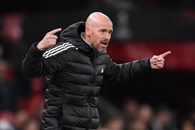 Manchester United's Dutch manager Erik ten Hag gestures on the touchline during the UEFA Europa League Group E football match between Manchester United and Omonoia Nicosia, at Old Trafford stadium, in Manchester, north-west England, on October 13, 2022. (Photo by OLI SCARFF/AFP via Getty Images)