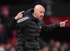 Manchester United's Dutch manager Erik ten Hag gestures on the touchline during the UEFA Europa League Group E football match between Manchester United and Omonoia Nicosia, at Old Trafford stadium, in Manchester, north-west England, on October 13, 2022. (Photo by OLI SCARFF/AFP via Getty Images)