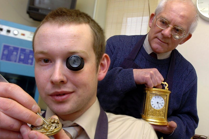 Award winning apprentice watchmaker James Robinson, aged 23, who works at Bell Bros,Frenchgate, Doncaster, is pictured with master watchmaker Melvin Doran, whose guidance he works under. Pictured in 2006