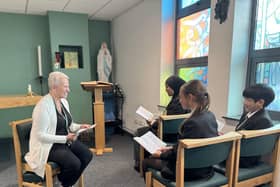 Pupils with Chaplain at St Wilfrid's RC College