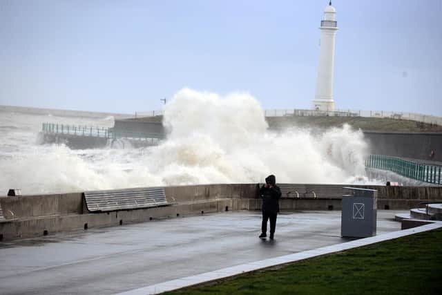 Waves crashing on Seaburn promenade during more strong winds.