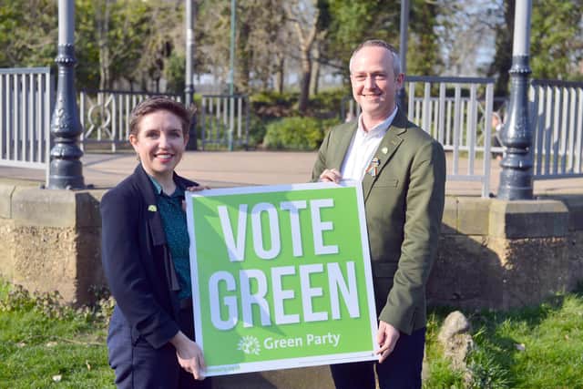 Green Party leader Carla Denyer (left) visited South Shields ahead of local elections, pictured with local party leader Cllr David Francis.