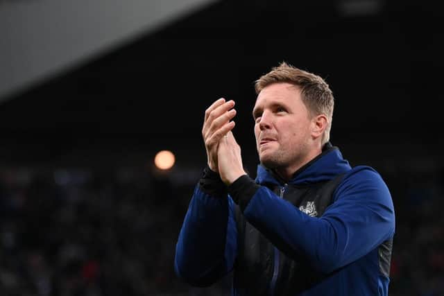 Eddie Howe, Manager of Newcastle United applauds the fans prior to the Premier League match between Newcastle United and Norwich City at St. James Park on November 30, 2021 in Newcastle upon Tyne, England. (Photo by Stu Forster/Getty Images)