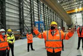 Prime Minister Boris Johnson gestures during a visit to the National Renewable Energy Centre in Blyth, Northumberland.