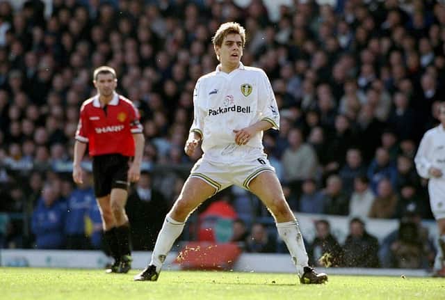 Jonathan Woodgate of Leeds United in action during the FA Carling Premiership match against Manchester United at Elland Road in Leeds, England.  Manchester United won the match 1-0. Credit: Stu Forster (Allsport)