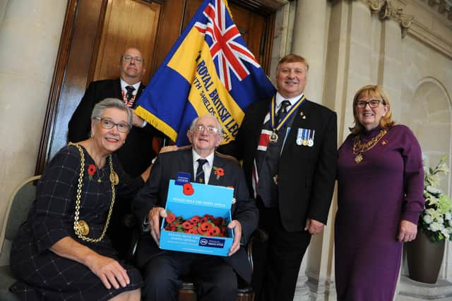 Mayor of South Tyneside Cllr Pat Hay, and Mayoress Mrs Jean Copp, with South Shields Royal British Legion branch president Peter Boyack, chairman Anthony Paterson and poppy appeal coordinator Bill Stephenson at South Shields Town Hall.