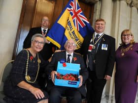 Mayor of South Tyneside Cllr Pat Hay, and Mayoress Mrs Jean Copp, with South Shields Royal British Legion branch president Peter Boyack, chairman Anthony Paterson and poppy appeal coordinator Bill Stephenson at South Shields Town Hall.