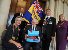Mayor of South Tyneside Cllr Pat Hay, and Mayoress Mrs Jean Copp, with South Shields Royal British Legion branch president Peter Boyack, chairman Anthony Paterson and poppy appeal coordinator Bill Stephenson at South Shields Town Hall.