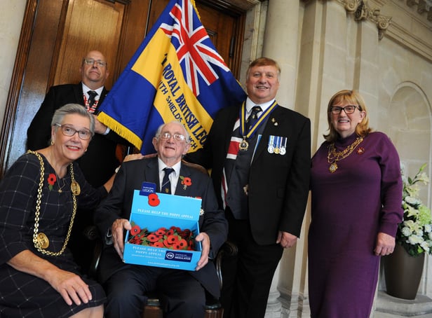 Mayor of South Tyneside Cllr Pat Hay, and Mayoress Mrs Jean Copp, with South Shields Royal British Legion branch president Peter Boyack, chairman Anthony Paterson and poppy appeal coordinator Bill Stephenson at South Shields Town Hall.