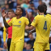 Kenedy of Chelsea celebrates scoring their second goal during the Pre-Season Friendly match between Reading and Chelsea at Madejski Stadium on July 28, 2019 in Reading, England. (Photo by Christopher Lee/Getty Images)
