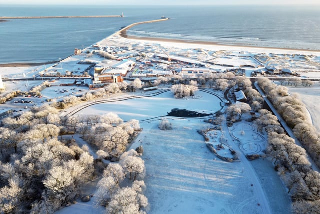 An aerial shot of South Shields covered in snow and ice