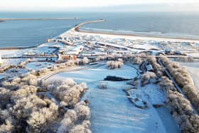 An aerial shot of South Shields covered in snow and ice. 