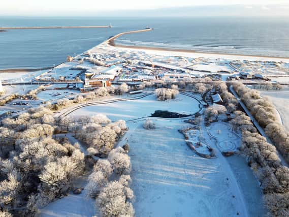 An aerial shot of South Shields covered in snow and ice. 