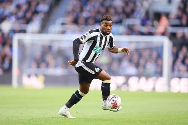 Allan Saint-Maximin of Newcastle in action during the Premier League match between Newcastle United and Manchester United at St. James Park on April 02, 2023 in Newcastle upon Tyne, England. (Photo by Michael Regan/Getty Images)