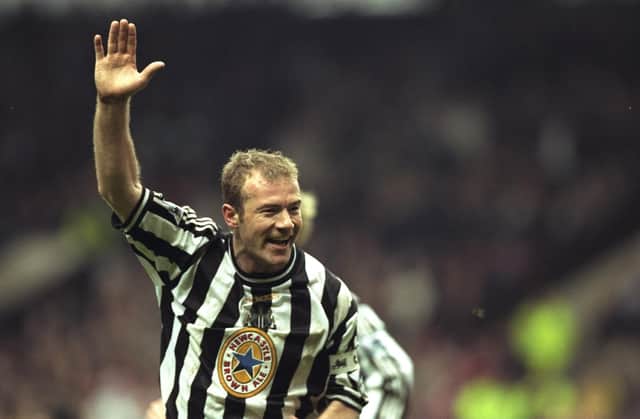 5 Apr 1998:  Joy for Alan Shearer as he scores the winning goal during the match between Newcastle United and Sheffield United in the semi-finals of the FA Cup played at Old Trafford.