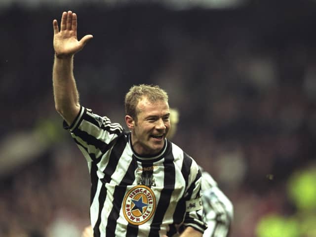 5 Apr 1998:  Joy for Alan Shearer as he scores the winning goal during the match between Newcastle United and Sheffield United in the semi-finals of the FA Cup played at Old Trafford.