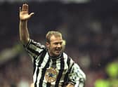 5 Apr 1998:  Joy for Alan Shearer as he scores the winning goal during the match between Newcastle United and Sheffield United in the semi-finals of the FA Cup played at Old Trafford.