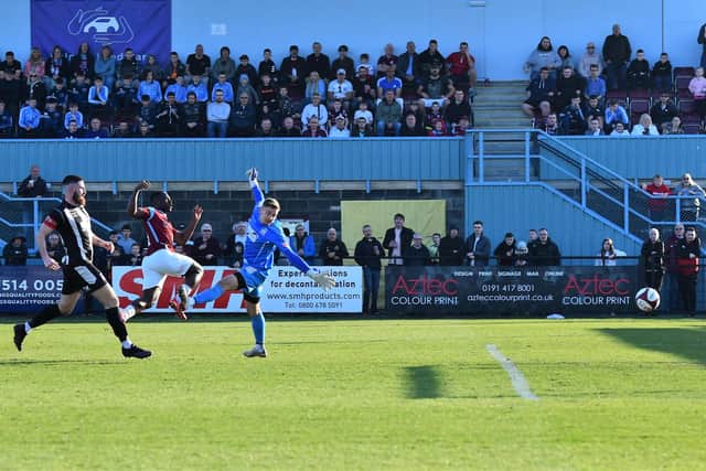 Cedric Main scores for South Shields. Picture by Kev Wilson.