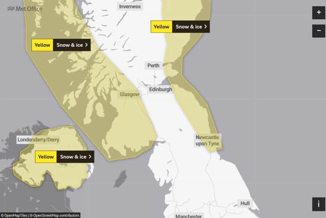 A graphic from the Met Office showing the area covered by the latest snow and ice warning.