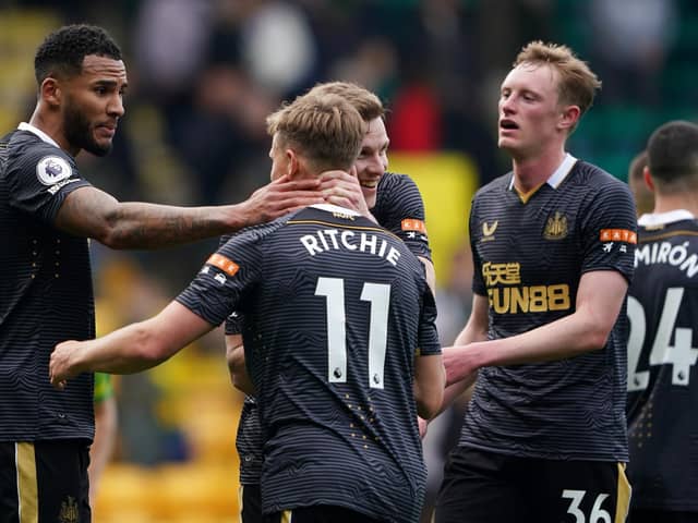 Newcastle United's Jamaal Lascelles, Matt Ritchie, Emil Krafth and Sean Longstaff celebrate Newcastle United's win over Norwich City.