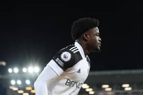 Josh Maja of Fulham looks on during the Premier League match between Everton and Fulham at Goodison Park on February 14, 2021.