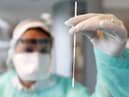 A technician shows a nasal swab during a rehearsal of a COVID-19 testing session (AP Photo/Jean-Francois Badias)