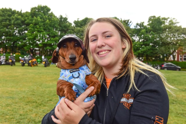 Motorcycle enthusiast Molly McLearnon and her dog Frank at the Armed Forces Day event in Bents Park.