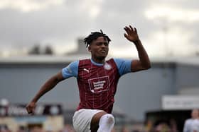 Mumba celebrates a goal while on loan at South Shields