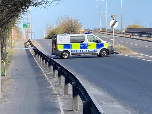 Police at the slip road from the A184 to the A194 Leam Lane at White Mare Pool roundabout.
