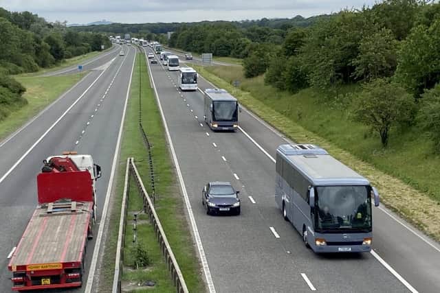 Coaches heading down the A1 from Durham as companies took part in last month's Honk for Hope UK convoy from Washington Services to Lightwater Valley.