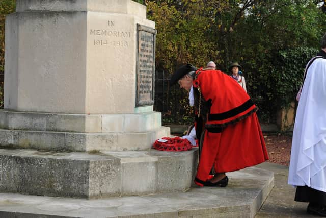 The Mayor of South Tyneside Cllr Pat Hay, laying a wreath at Westoe Cenotaph.
