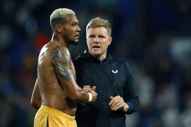Newcastle United head coach Eddie Howe with Joelinton at the final whistle.