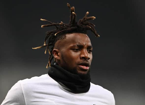 NEWCASTLE UPON TYNE, ENGLAND - JANUARY 26: Allan Saint-Maximin of Newcastle United warms up prior to the Premier League match between Newcastle United and Leeds United at St. James Park on January 26, 2021 in Newcastle upon Tyne, England. Sporting stadiums around the UK remain under strict restrictions due to the Coronavirus Pandemic as Government social distancing laws prohibit fans inside venues resulting in games being played behind closed doors. (Photo by Stu Forster/Getty Images)