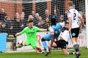Jordy Mongoy is denied from close range. Picture by Kev Wilson.