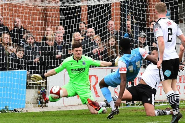 Jordy Mongoy is denied from close range. Picture by Kev Wilson.