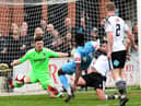 Jordy Mongoy is denied from close range. Picture by Kev Wilson.