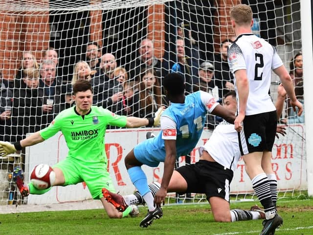 Jordy Mongoy is denied from close range. Picture by Kev Wilson.