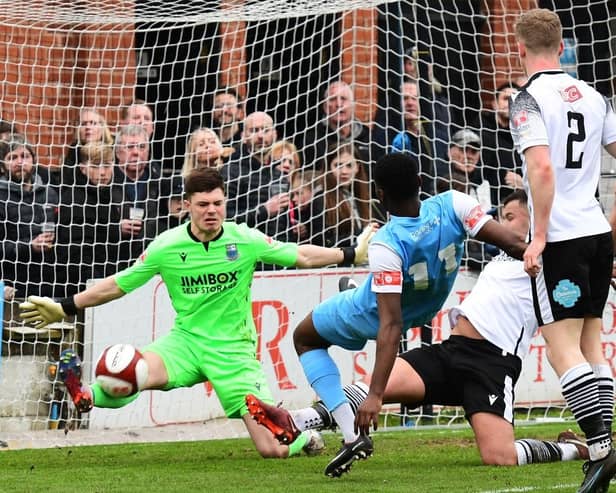 Jordy Mongoy is denied from close range. Picture by Kev Wilson.
