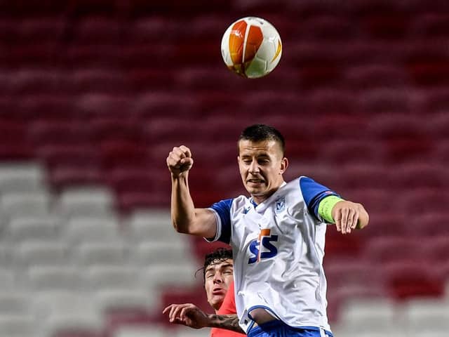 Lubomir Satka playing for Lech Poznan against Benfica.