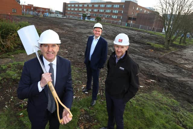 (from left) South Tyneside and Sunderland NHS Foundation Trust Chief Executive Ken Bremner MBE; Alliance Medical Managing Director Richard Evans and Brims director Richard Wood on the site of the new Integrated Diagnostic Centre