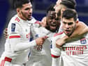 Lyon's French midfielder Houssem Aouar (L), L(Photo by PHILIPPE DESMAZES / AFP) (Photo by PHILIPPE DESMAZES/AFP via Getty Images)