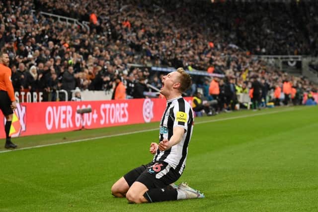 Sean Longstaff of Newcastle United celebrates with teammate Miguel Almiron after scoring the team's first goal during the Carabao Cup Semi Final 2nd Leg match between Newcastle United and Southampton at St James' Park on January 31, 2023 in Newcastle upon Tyne, England. (Photo by Stu Forster/Getty Images)