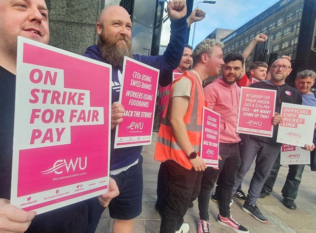 <p>John Devlin 29/07/2022. GLASGOW. BT workers on the picket line in Glasgow. CWU members in Northern Ireland and across the UK, including 999 call handlers, are to take part in further strike action tomorrow</p>