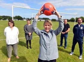 Hedworthfield CA receive football pitches improvement grant. From left manager Christine Green, chair Cllr Geraldine Kilgour, manager Jill Charlton, director Kev Brydon and FA Football Foundation Chris Hutchinson.