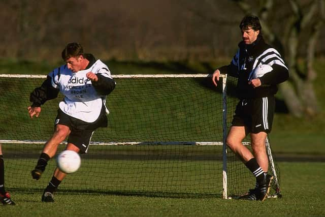 28 Jan 1997:  Mark Lawrenson Newcastle's defensive coach (right)  keeps his eye on Lee Clark during Newcastle United training at their grounds in Newcastle. \ Mandatory Credit: Stu Forster /Allsport