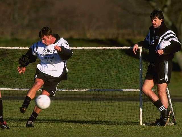 28 Jan 1997:  Mark Lawrenson Newcastle's defensive coach (right)  keeps his eye on Lee Clark during Newcastle United training at their grounds in Newcastle. \ Mandatory Credit: Stu Forster /Allsport
